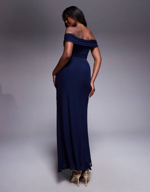 ASOS DESIGN - Gerimpelde maxi jurk met blote schouders in marineblauw, 3 van 4