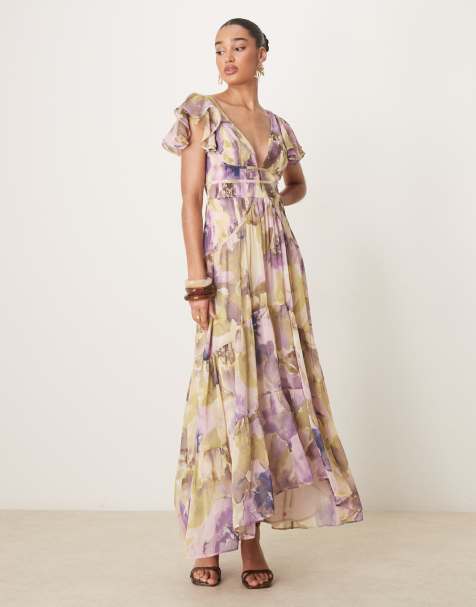 ASOS DESIGN - Gerimpelde maxi-jurk met fladdermouwen en ongelijke zoom in vervaagde bloemenprint - view 1