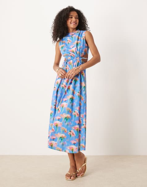 ASOS DESIGN - Gerimpelde maxi-jurk met strik aan de voorkant in print - view 1