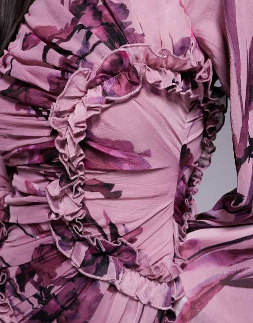 ASOS DESIGN - Gerimpelde maxi-jurk van crinkle chiffon met microruches in paars met bloemenprint, 2 van 4