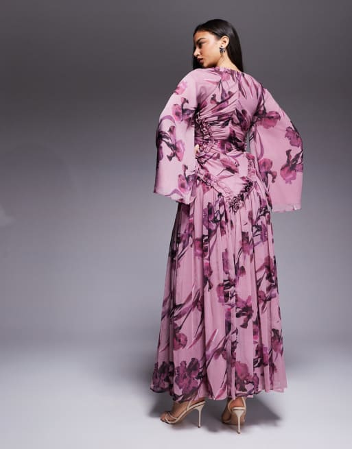 ASOS DESIGN - Gerimpelde maxi-jurk van crinkle chiffon met microruches in paars met bloemenprint, 3 van 4