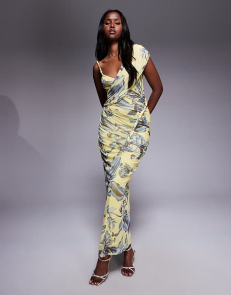 ASOS DESIGN - Gerimpelde maxi-jurk van mesh met asymmetrische schouder en bloemenprint in geel - view 1