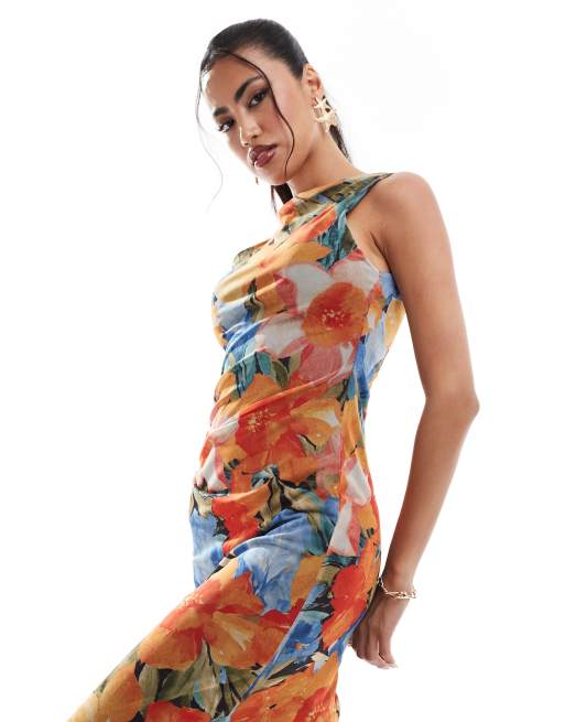 ASOS DESIGN - Gerimpelde maxi jurk van mesh met feloranje bloemenprint, 2 van 4