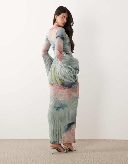 ASOS DESIGN - Gerimpelde maxi jurk van mesh met watervalmouwen en bloemenprint in blauw, 4 van 4
