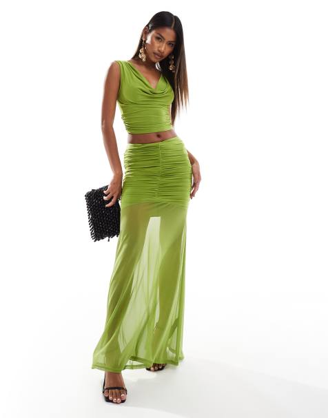 ASOS DESIGN - Gerimpelde maxi rok van gladde stof met fishtail in olijfgroen, deel van co-ord set - view 1