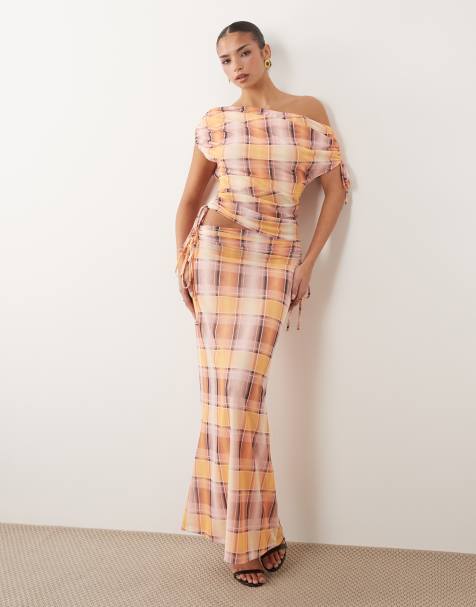 ASOS DESIGN - Gerimpelde maxi rok van mesh met print en ruitjes in roze, deel van co-ord set - view 1