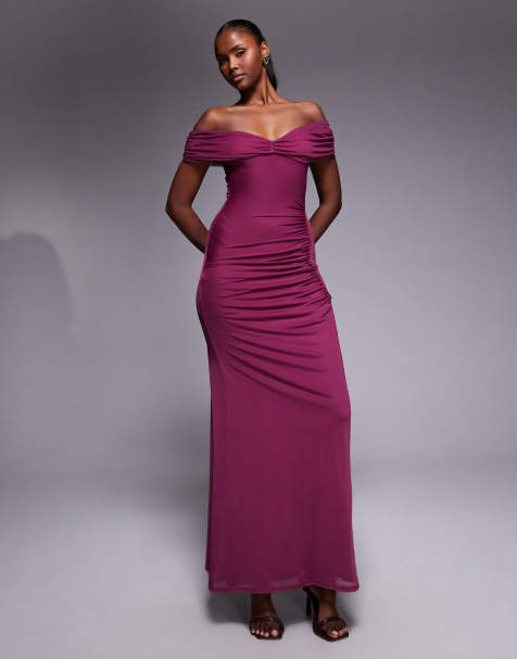 ASOS DESIGN - Gerimpelde mesh maxi-jurk met blote schouders in pruimkleur - view 1