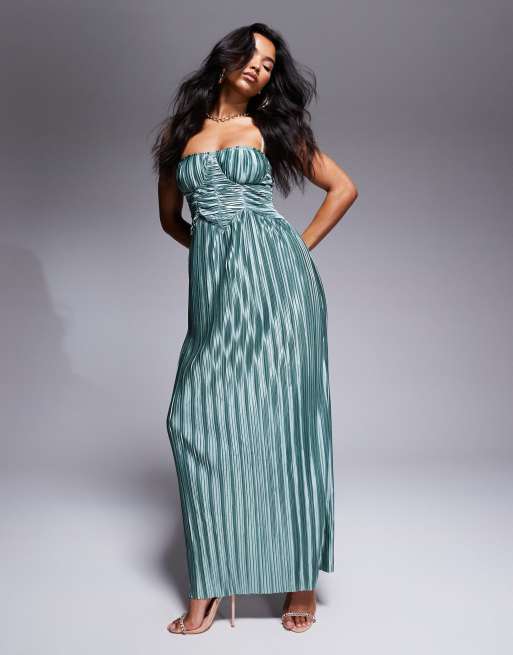 ASOS DESIGN - Gerimpelde metallic maxi jurk van plissé in groen