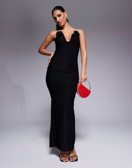 ASOS DESIGN - Gerimpelde midi bandeau-jurk met corsages in zwart