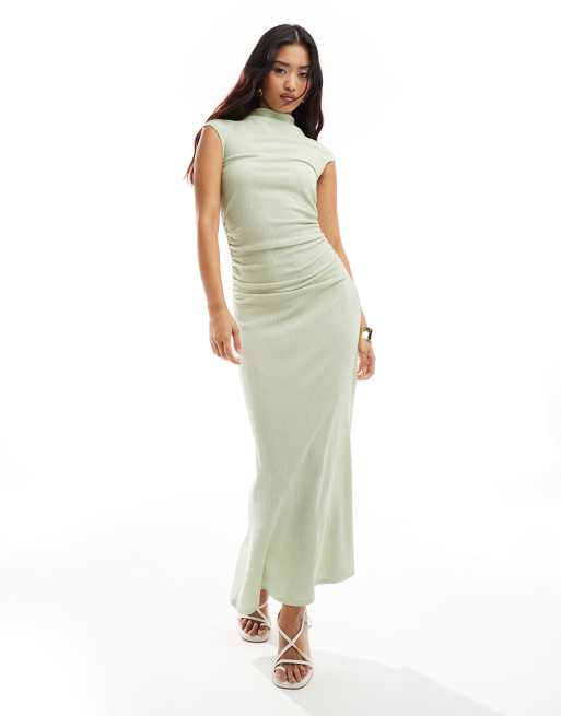 ASOS DESIGN - Gerimpelde midi jurk met hoge hals en korte mouwen in saliegroen