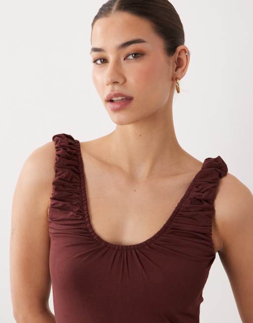 ASOS DESIGN - Gerimpelde midi jurk met lage ronde hals in chocoladebruin, 3 van 4
