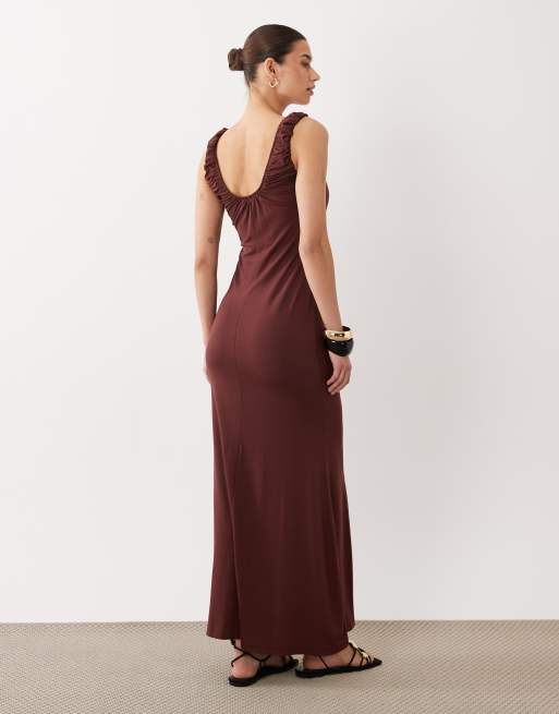 ASOS DESIGN - Gerimpelde midi jurk met lage ronde hals in chocoladebruin, 4 van 4