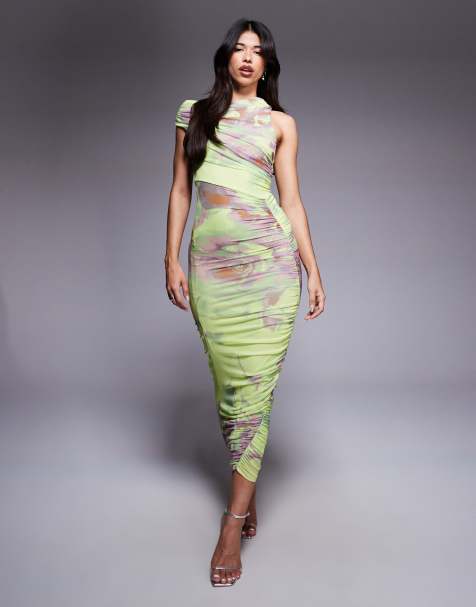 ASOS DESIGN - Gerimpelde midi-jurk van mesh met asymmetrische hals en blote schouder in abstracte bloemenprint - view 1