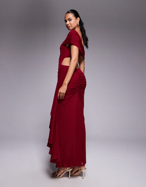 ASOS DESIGN - Gerimpelde midi-jurk van mesh met blote schouders en sjerp met ruches in kersenrood, 4 van 4