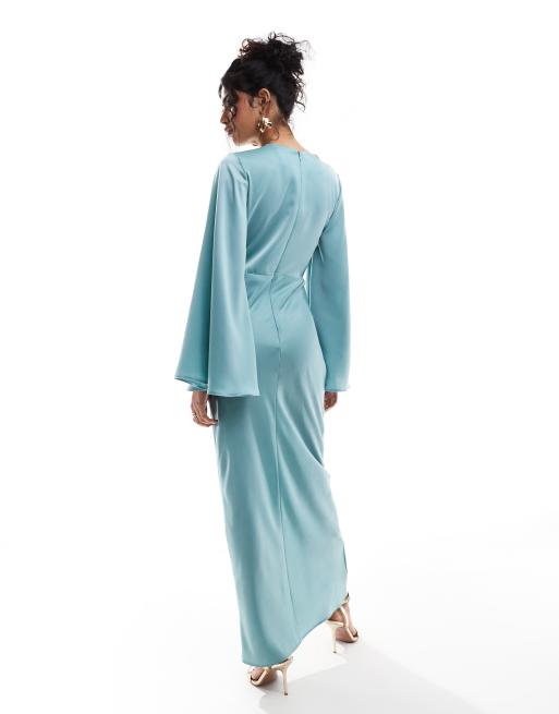 ASOS DESIGN - Gerimpelde satijnen maxi jurk met lange mouwen in blauw, 2 van 4