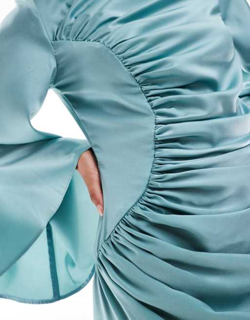 ASOS DESIGN - Gerimpelde satijnen maxi jurk met lange mouwen in blauw, 3 van 4