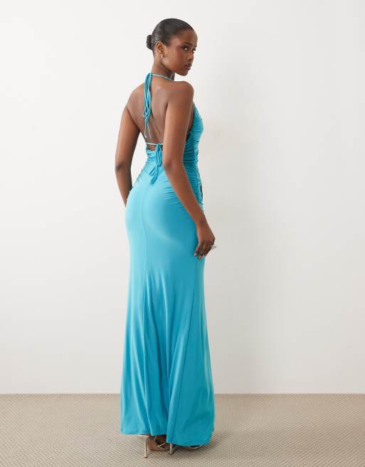 ASOS DESIGN gerimpelde slinky maxi jurk met applicatiebloemdetail in turquoise, 2 van 4