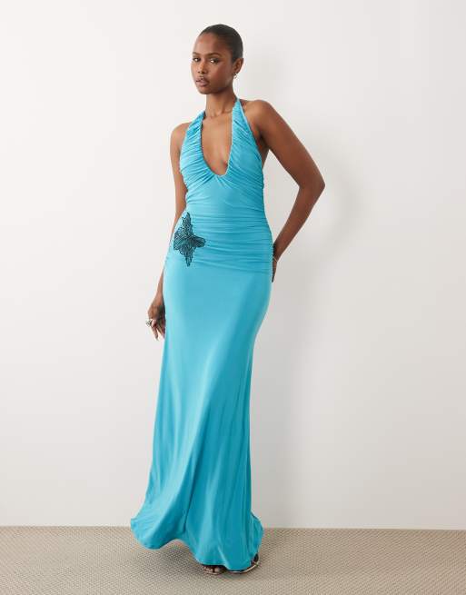ASOS DESIGN gerimpelde slinky maxi jurk met applicatiebloemdetail in turquoise, 4 van 4