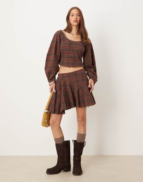 ASOS DESIGN - Gerimpelde top met lage ronde hals, cocoon-mouwen in bruin geruit, deel van co-ord set - view 1