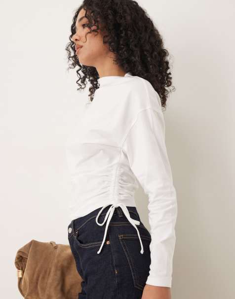 ASOS DESIGN - Gerimpelde top met lange mouwen en gestrikte zijkant in kokosmelk - view 1