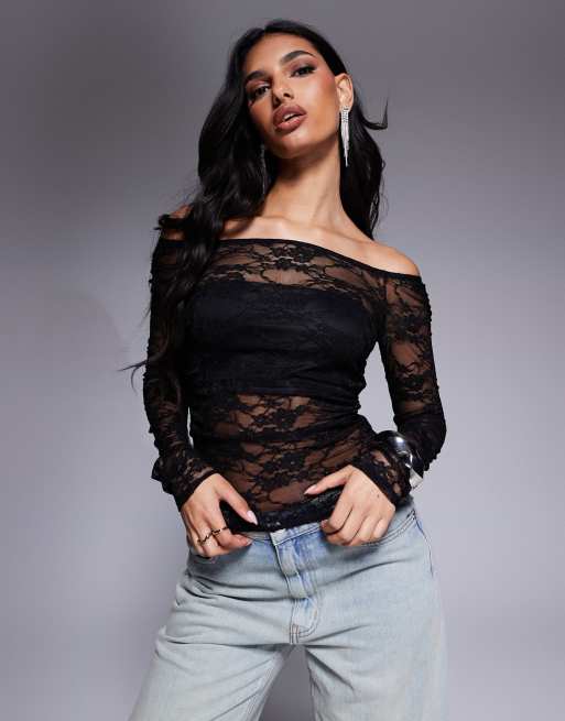 ASOS DESIGN - Gerimpelde top van mesh met blote schouders in zwart kant