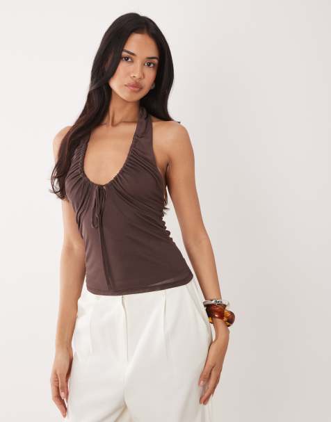 ASOS DESIGN - Gerimpelde top van mesh met lage ronde hals en halternek in bruin - view 1