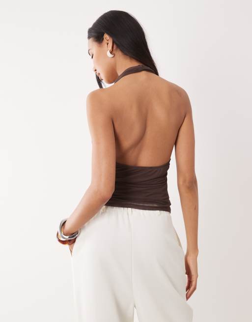 ASOS DESIGN - Gerimpelde top van mesh met lage ronde hals en halternek in bruin, 4 van 4