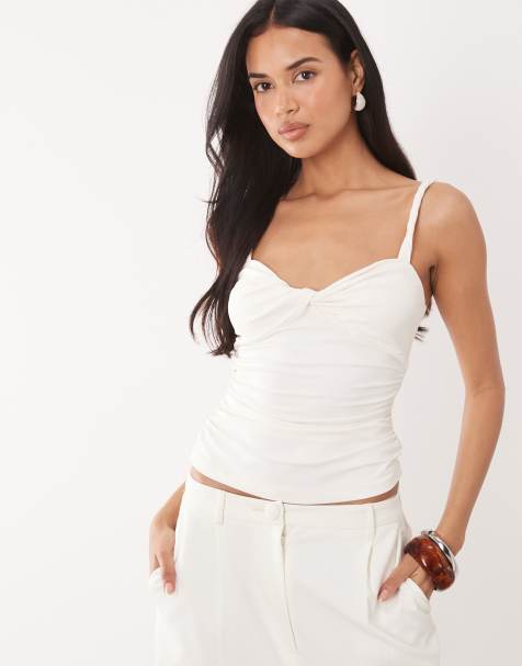 ASOS DESIGN - Gerimpelde top van polyamide met gedraaide bandjes en geknoopte voorkant in crème - view 1