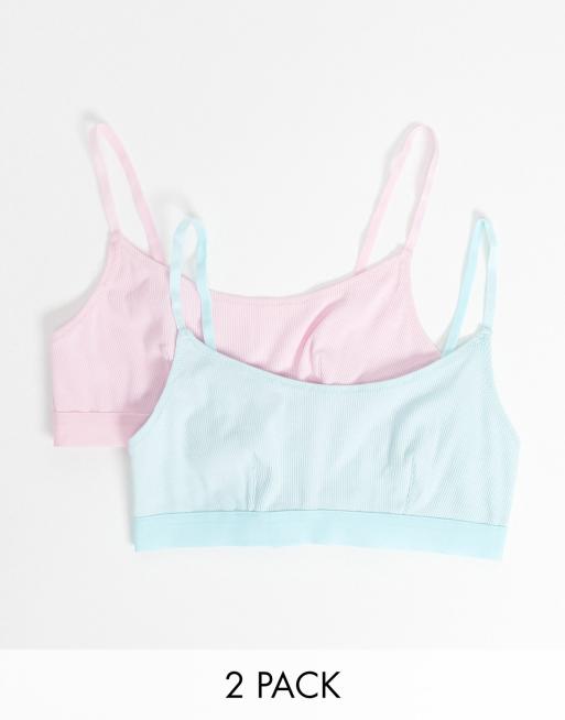 ASOS DESIGN – Gerippte Baumwoll-Bralettes in Pastellfarben im 2er-Pack