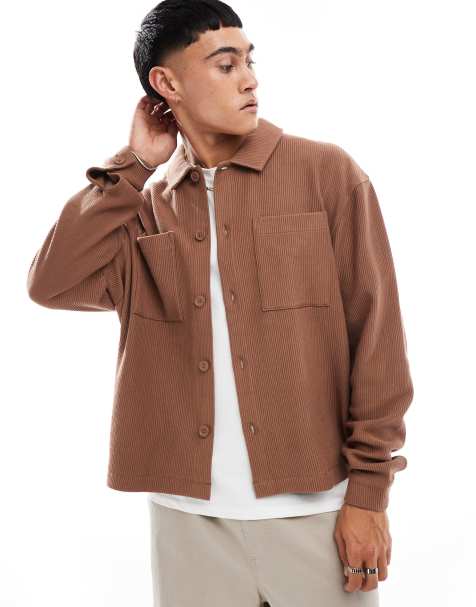 ASOS DESIGN – Gerippte Harrington-Jacke aus Jersey in Braun mit Oversize-Schnitt - view 1