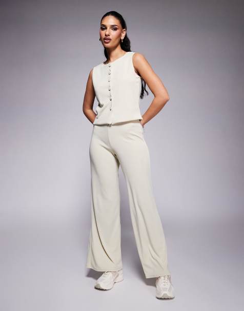 ASOS DESIGN – Gerippte Hose in Steingrau mit weitem Bein, Kombiteil - view 1