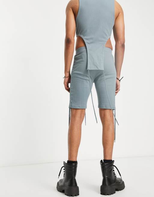 ASOS DESIGN – Gerippte, kurze Leggings in Blau mit Kordelzug, Kombiteil, 2 von 4