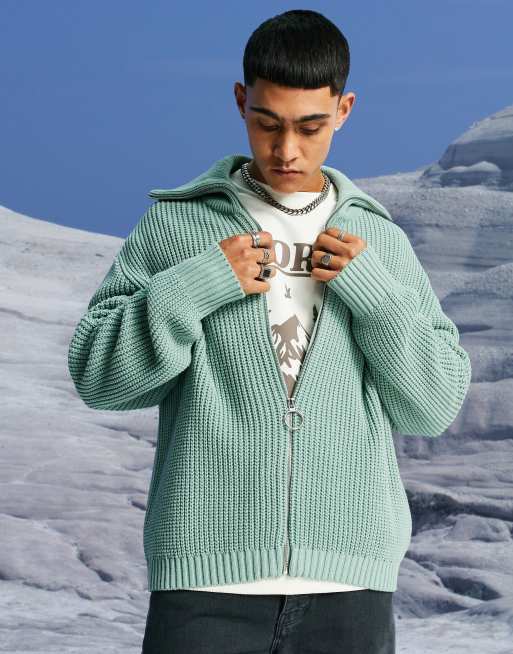 ASOS DESIGN – Gerippte Oversize-Strickjacke in Minzgrün mit Patentmuster und Reißverschluss