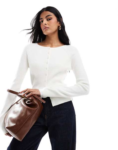 ASOS DESIGN – Gerippte Strickjacke in Cremeweiß mit Rundhalsausschnitt - view 1