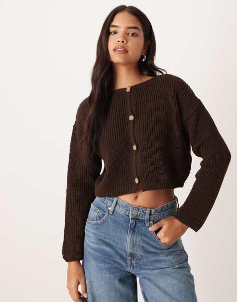 ASOS DESIGN – Gerippte Strickjacke in Schokoladenbraun mit Rundhalsausschnitt - view 1