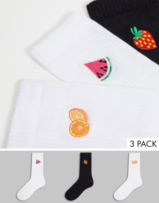 ASOS DESIGN – Gerippte, wadenlange Socken mit Fruchtstickerei im 3er-Pack
