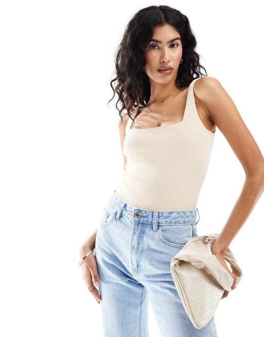 ASOS DESIGN – Gerippter Body in Steinbeige mit U-Boot-Ausschnitt und zweilagigem Design