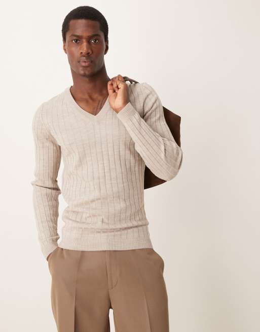 ASOS DESIGN – Gerippter, eng anliegender Pullover in Steinbeige mit V-Ausschnitt
