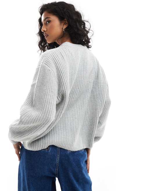 ASOS DESIGN – Gerippter Grobstrick-Pullover in Grau mit - Main Image