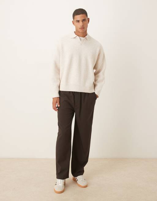 ASOS DESIGN – Gerippter Grobstrick-Pullover in haferbeige meliert mit extremer, kastiger Oversize-Passform und eingekerbtem Ausschnitt, 2 von 5