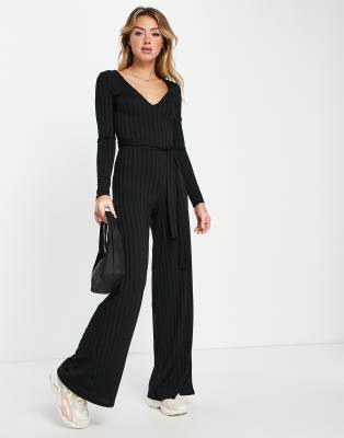 ASOS DESIGN - Gerippter Jumpsuit aus Jersey in Schwarz mit weitem Bein