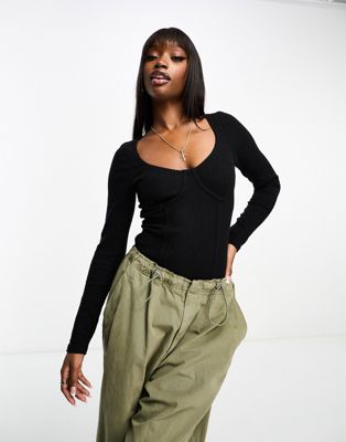 ASOS DESIGN rib bodysuit with bust seams and long sleeve in black - ASOS Price Checker