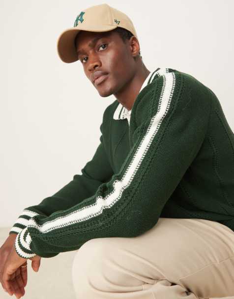 ASOS DESIGN – Gerippter, locker geschnittener Strickpullover in Dunkelgrün mit Polokragen, Zierstreifen und Nahtdetail - view 1