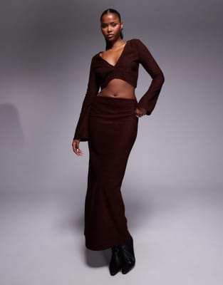 ASOS DESIGN - Gerippter Maxirock aus angerautem Stoff in Braun mit geradem Schnitt, Kombiteil-Brown