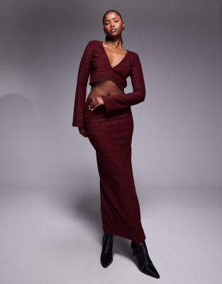 ASOS DESIGN - Gerippter Maxirock aus angerautem Stoff in Burgunderrot mit geradem Schnitt, Kombiteil