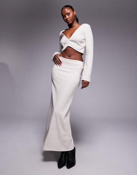 ASOS DESIGN – Gerippter Maxirock aus angerautem Stoff in Haferbeige mit geradem Schnitt, Kombiteil - view 1