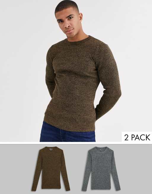 ASOS DESIGN – Gerippter Muskel-Pullover in Khaki, Schwarz und Weiß meliert mit Rundhalsausschnitt