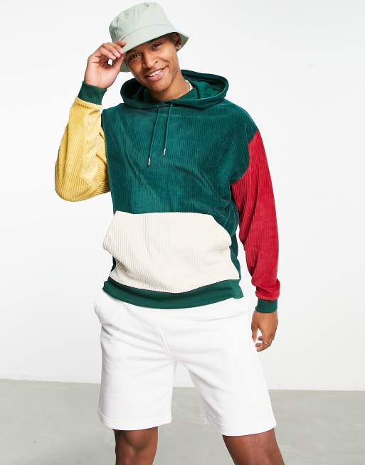 ASOS DESIGN – Gerippter Oversize-Kapuzenpullover aus Velours im Farbblockdesign