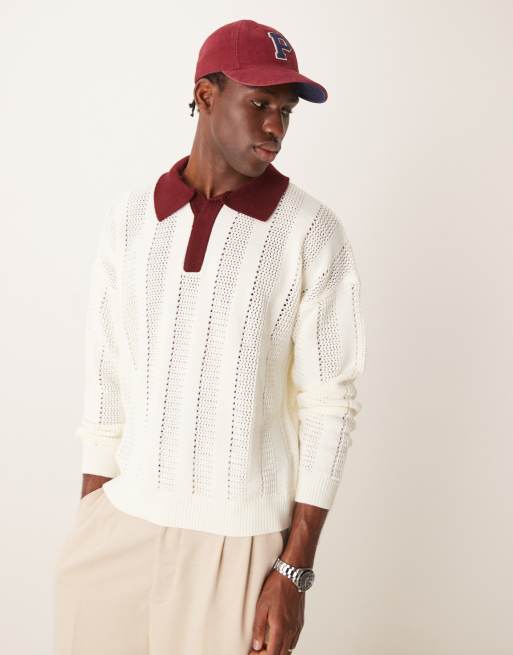 ASOS DESIGN – Gerippter Oversize-Polopullover in Ecru mit burgunderfarbenem Kragen und kastigem Schnitt