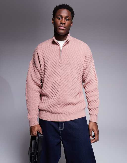 ASOS DESIGN – Gerippter Oversize-Pullover in Hellrosa mit Trichterkragen und kurzem Reißverschluss